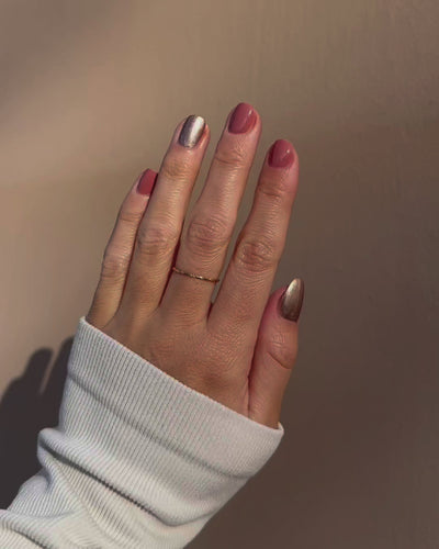 Video of Rose brown with silver satin Glaze and Stony mauve nail polish painted on nails with Fair skin tone
