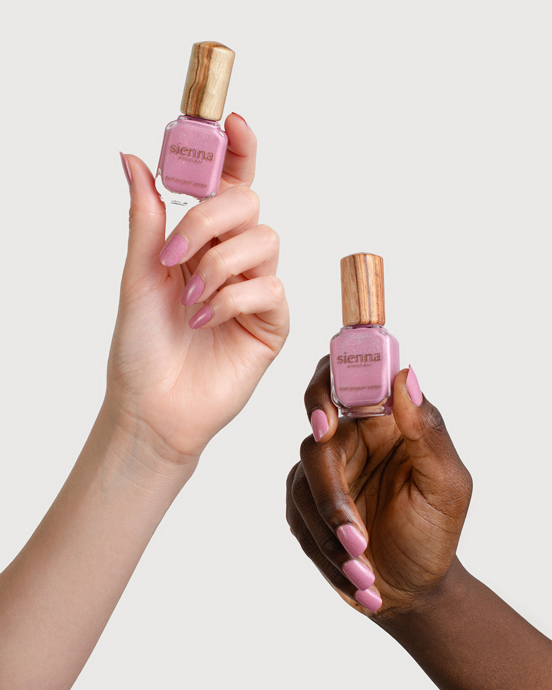 Midtone Lilac Creme Nail polish with Holographic Shimmer on Fair Skin Tone and Dark Skin Tone