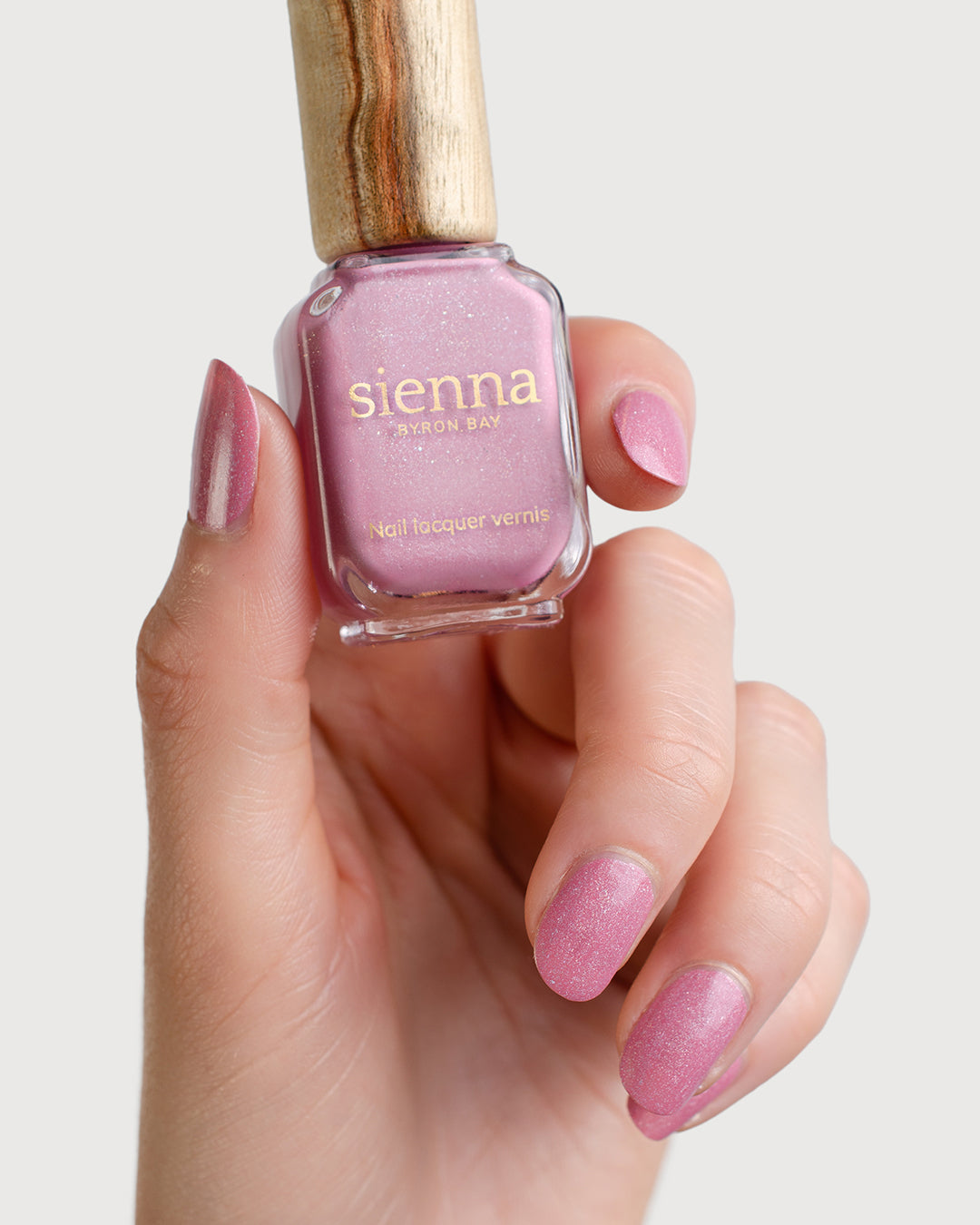  Midtone Lilac Creme Nail polish with Holographic Shimmer on Fair Skin Tone